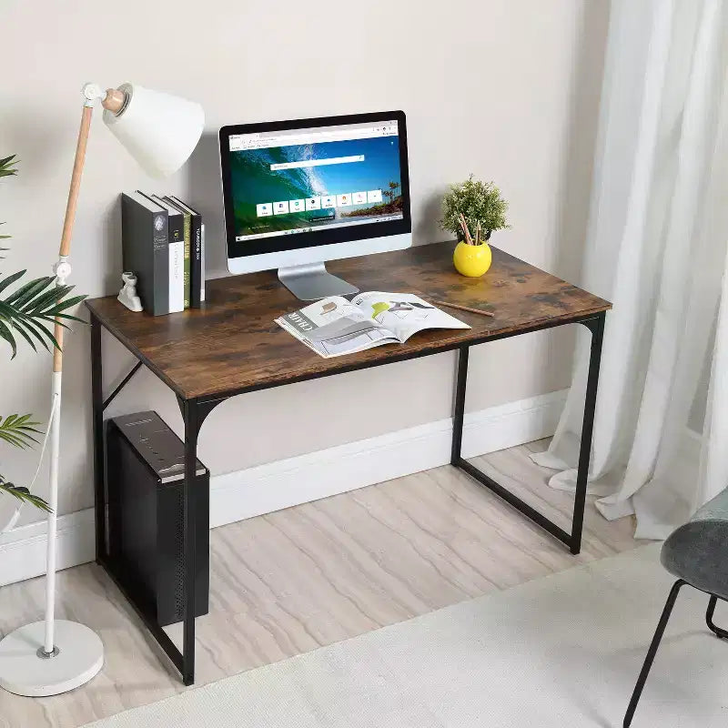FurnitureR 47,2 Table de bureau à domicile Simple bureau d'ordinateur portable Cadres métalliques robustes pour salle d'étude, Marron rustique