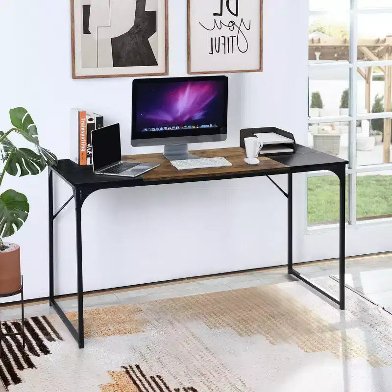 FurnitureR 55 Bureau d'ordinateur pour ordinateur portable avec cadres métalliques robustes pour salle d'étude, marron et noir