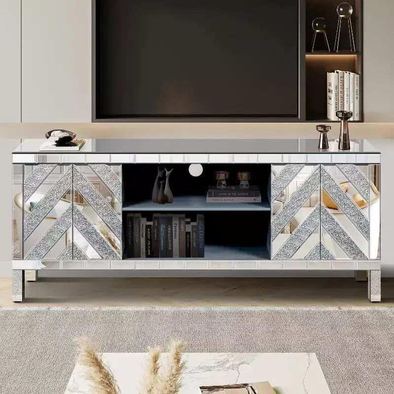 Meuble TV pour téléviseur de 65 pouces, meuble central de style Mid-Century avec rangement, console TV avec étagère ouverte et 2 armoires pour chambre et salon