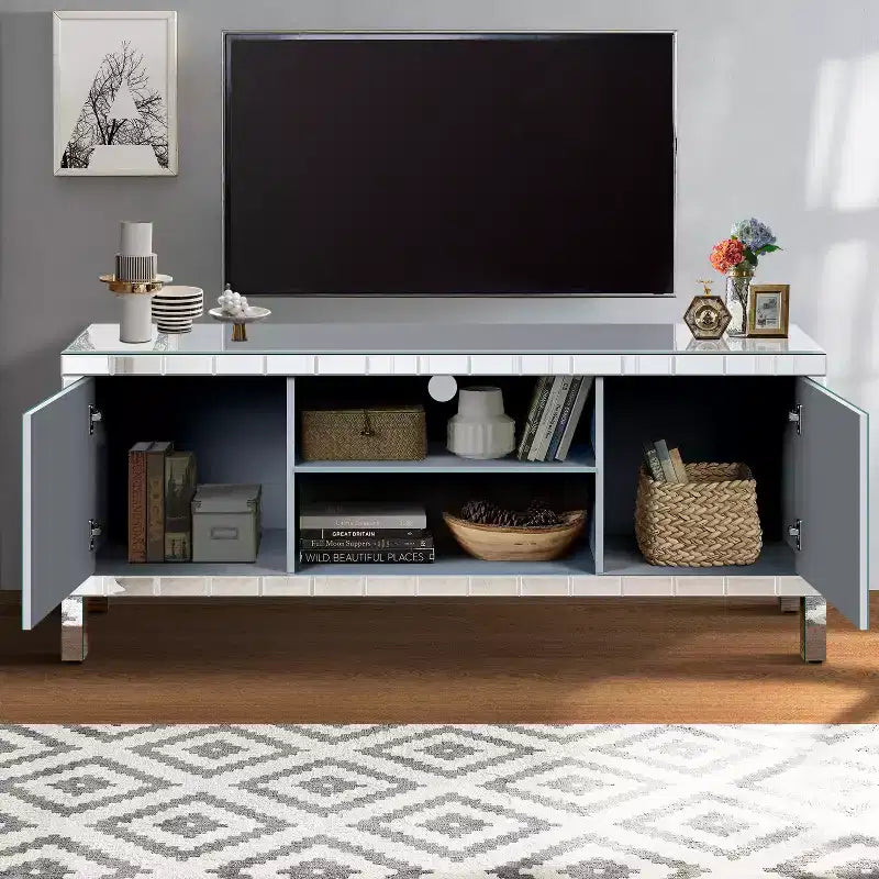 Meuble TV pour téléviseur de 65 pouces, meuble central de style Mid-Century avec rangement, console TV avec étagère ouverte et 2 armoires pour chambre et salon