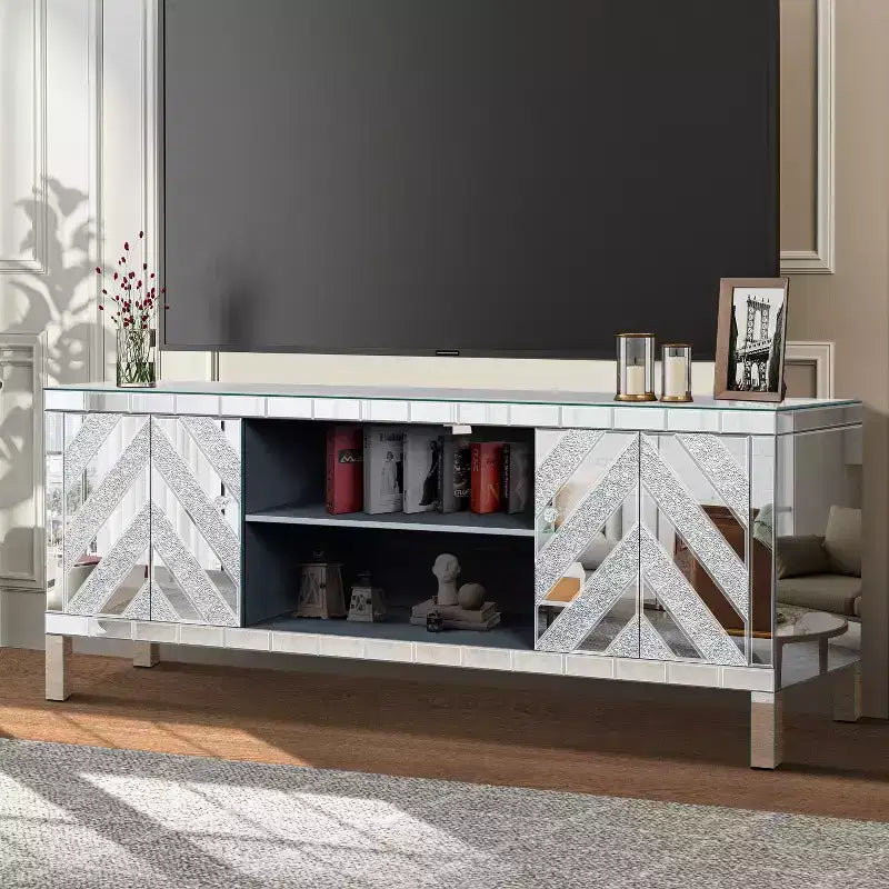 Meuble TV pour téléviseur de 65 pouces, meuble central de style Mid-Century avec rangement, console TV avec étagère ouverte et 2 armoires pour chambre et salon