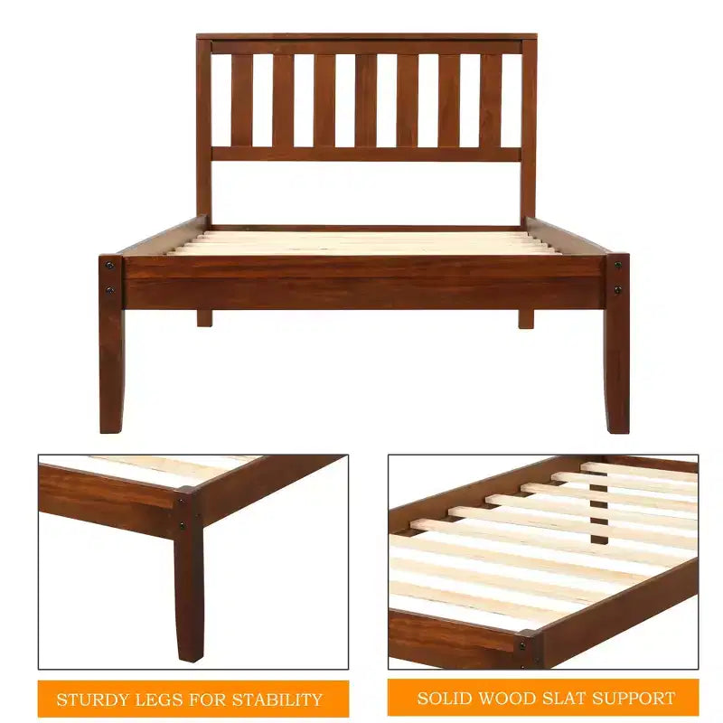 Cadre de lit plateforme double en bois avec tête de lit et pied de lit pour enfants, garçons, filles, adolescents, adultes, Noyer