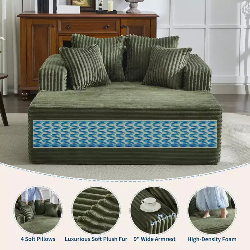 61 Fauteuils longues surdimensionnés d'intérieur, canapé sans os rembourré en velours côtelé, canapé sans os confortable 2 places "nuage", 4 oreillers et accoudoirs