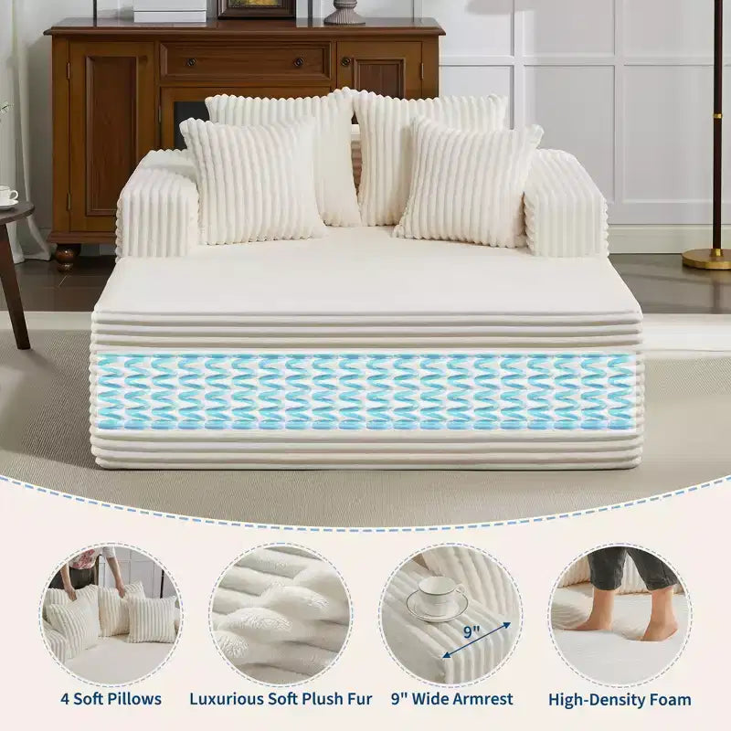 61 Fauteuils longues surdimensionnés d'intérieur, canapé sans os rembourré en velours côtelé, canapé sans os confortable 2 places "nuage", 4 oreillers et accoudoirs