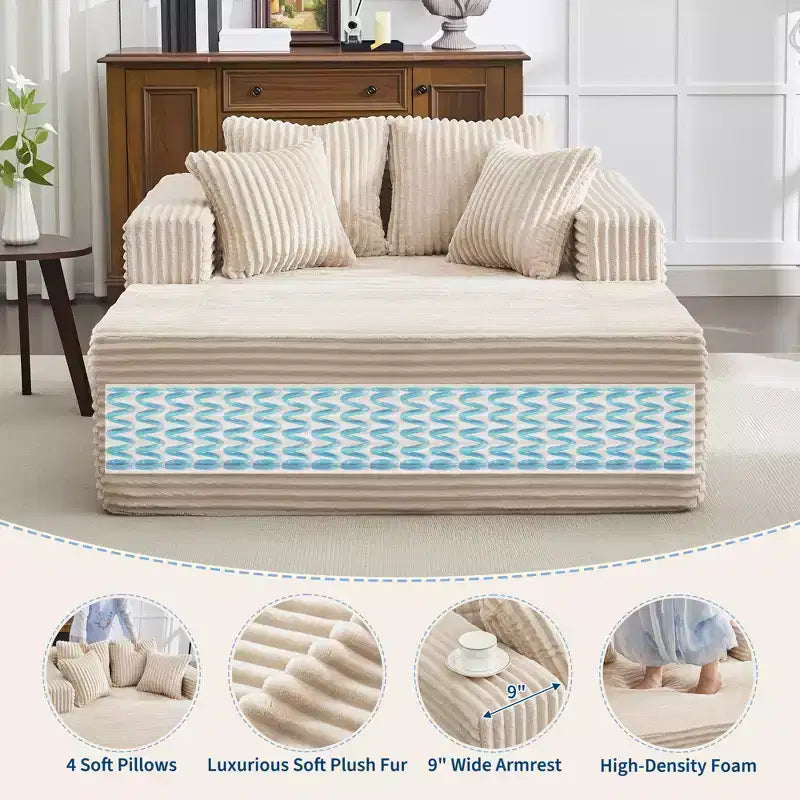 61 Fauteuils longues surdimensionnés d'intérieur, canapé sans os rembourré en velours côtelé, canapé sans os confortable 2 places "nuage", 4 oreillers et accoudoirs