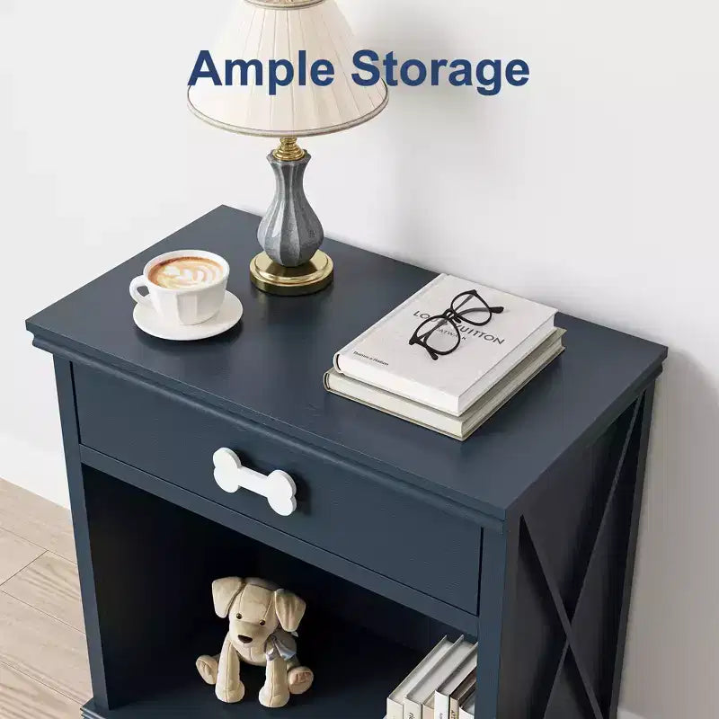 Buffet Heynemo en bois avec LED bleues, tiroir et étagère, table d'appoint avec lumière LED, armoire de chevet avec niche pour animaux et poignée en forme d'os, bureau