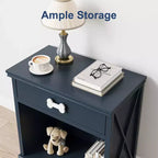 Buffet Heynemo en bois avec LED bleues, tiroir et étagère, table d'appoint avec lumière LED, armoire de chevet avec niche pour animaux et poignée en forme d'os, bureau