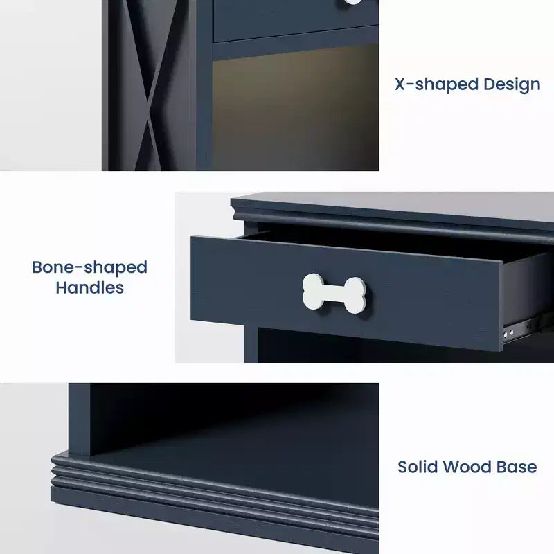 Buffet Heynemo en bois avec LED bleues, tiroir et étagère, table d'appoint avec lumière LED, armoire de chevet avec niche pour animaux et poignée en forme d'os, bureau