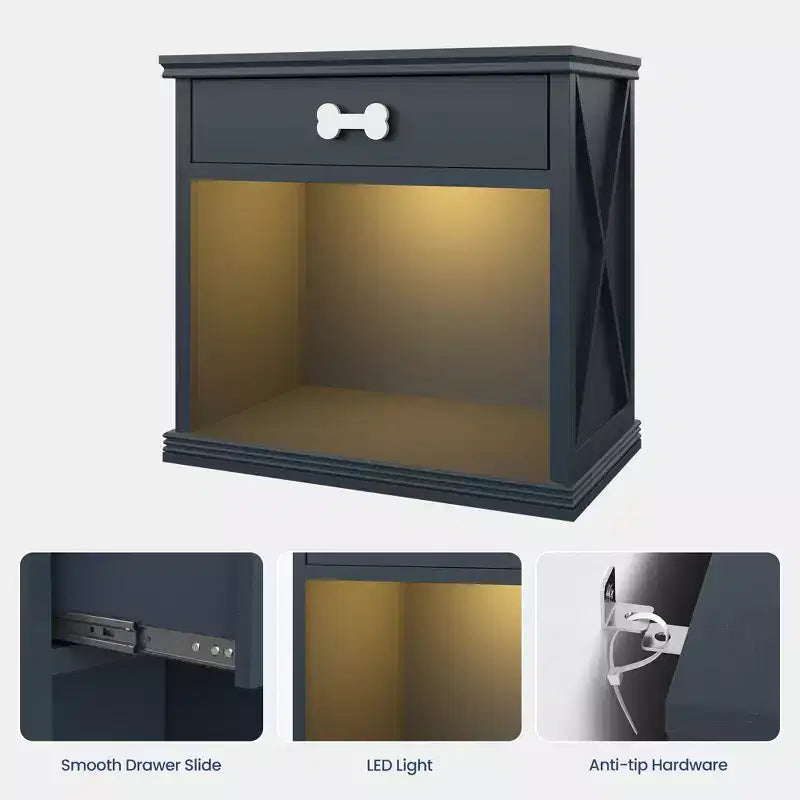 Buffet Heynemo en bois avec LED bleues, tiroir et étagère, table d'appoint avec lumière LED, armoire de chevet avec niche pour animaux et poignée en forme d'os, bureau