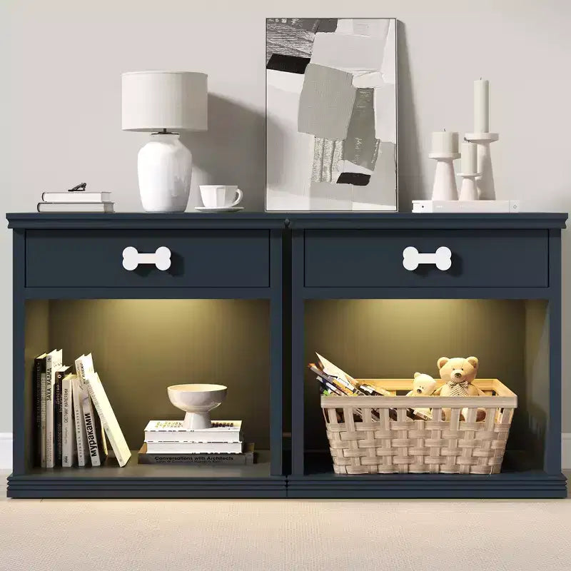 Buffet Heynemo en bois avec LED bleues, tiroir et étagère, table d'appoint avec lumière LED, armoire de chevet avec niche pour animaux et poignée en forme d'os, bureau
