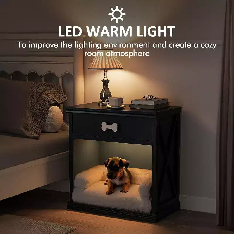 Buffet Heynemo en bois avec LED bleues, tiroir et étagère, table d'appoint avec lumière LED, armoire de chevet avec niche pour animaux et poignée en forme d'os, bureau