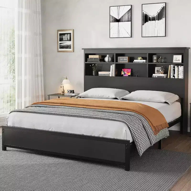 Bed Frame with Lattice Bookcase Headboard, Double Storage Platform Bed with Charging Station, No Box Spring Required, Easy to Assemble, Black