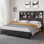 Bed Frame with Lattice Bookcase Headboard, Double Storage Platform Bed with Charging Station, No Box Spring Required, Easy to Assemble, Black