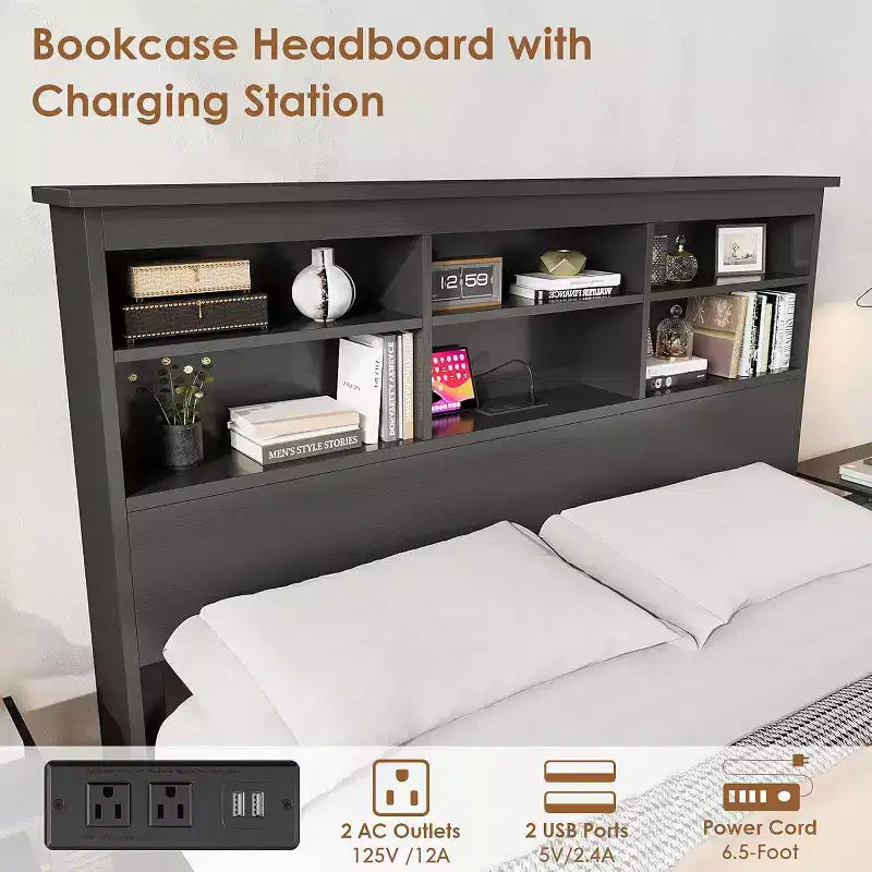 Cadre de lit avec tête de lit bibliothèque à croisillons, lit plateforme double de rangement avec station de recharge, aucun sommier tapissier requis, facile à assembler, noir