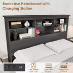 Cadre de lit avec tête de lit bibliothèque à croisillons, lit plateforme double de rangement avec station de recharge, aucun sommier tapissier requis, facile à assembler, noir