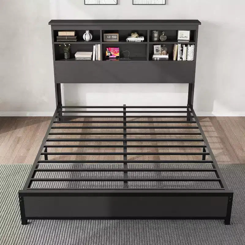 Cadre de lit avec tête de lit bibliothèque à croisillons, lit plateforme double de rangement avec station de recharge, aucun sommier tapissier requis, facile à assembler, noir