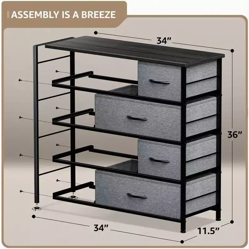 Commode Sorbus à 8 tiroirs - Organisateur de rangement avec cadre en acier, plateau en bois, poignées, bacs en tissu