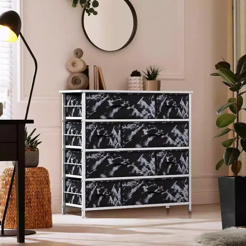 Commode Sorbus à 8 tiroirs - Organisateur de rangement avec cadre en acier, plateau en bois, poignées, bacs en tissu