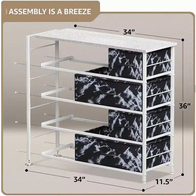 Commode Sorbus à 8 tiroirs - Organisateur de rangement avec cadre en acier, plateau en bois, poignées, bacs en tissu