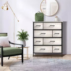 Commode Sorbus à 8 tiroirs - Organisateur de rangement avec cadre en acier, plateau en bois, poignées, bacs en tissu