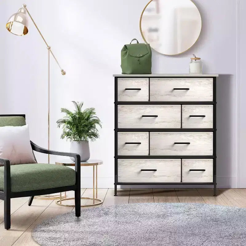 Commode Sorbus à 8 tiroirs - Organisateur de rangement avec cadre en acier, plateau en bois, poignées, bacs en tissu
