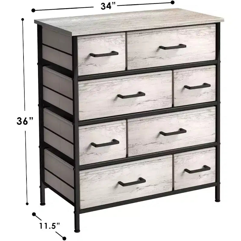 Commode Sorbus à 8 tiroirs - Organisateur de rangement avec cadre en acier, plateau en bois, poignées, bacs en tissu