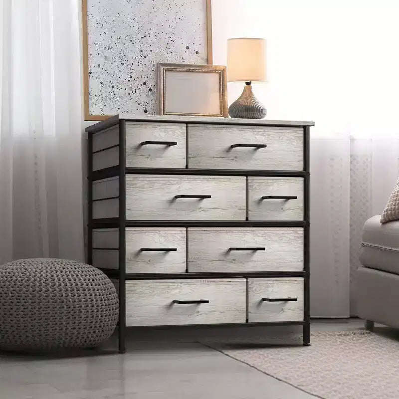 Commode Sorbus à 8 tiroirs - Organisateur de rangement avec cadre en acier, plateau en bois, poignées, bacs en tissu