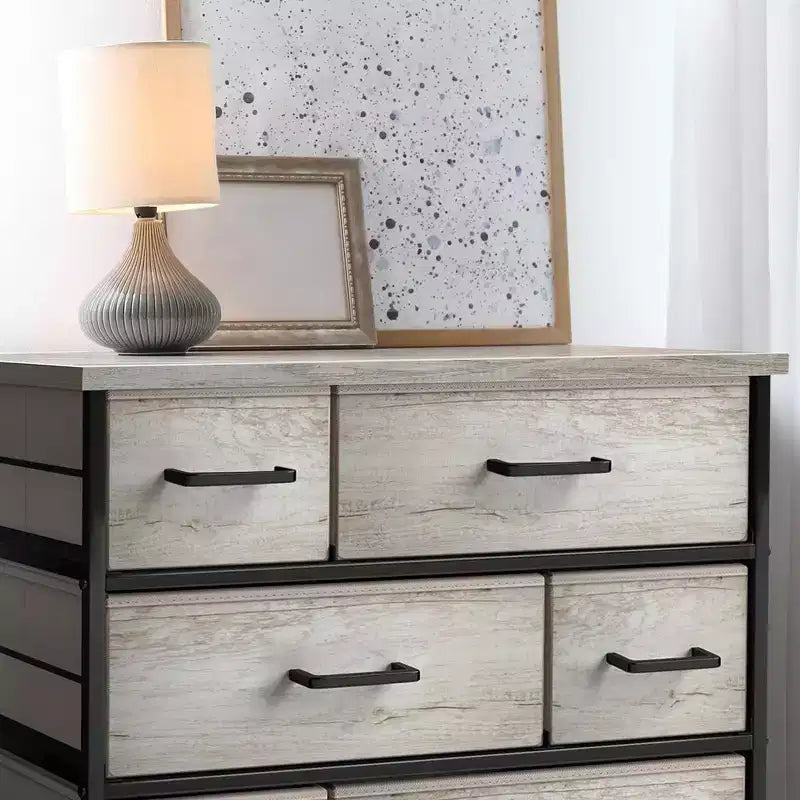 Commode Sorbus à 8 tiroirs - Organisateur de rangement avec cadre en acier, plateau en bois, poignées, bacs en tissu