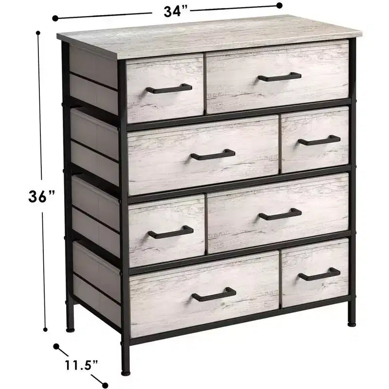 Commode Sorbus à 8 tiroirs - Organisateur de rangement avec cadre en acier, plateau en bois, poignées, bacs en tissu