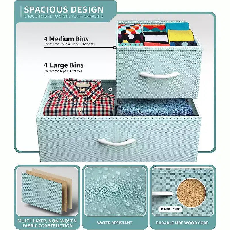 Commode Sorbus à 8 tiroirs - Organisateur de rangement avec cadre en acier, plateau en bois, poignées, bacs en tissu