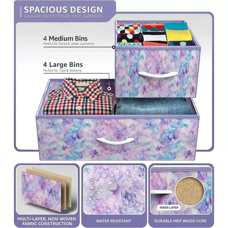 Commode Sorbus à 8 tiroirs - Organisateur de rangement avec cadre en acier, plateau en bois, poignées, bacs en tissu