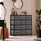Commode Sorbus à 8 tiroirs - Organisateur de rangement avec cadre en acier, plateau en bois, poignées, bacs en tissu