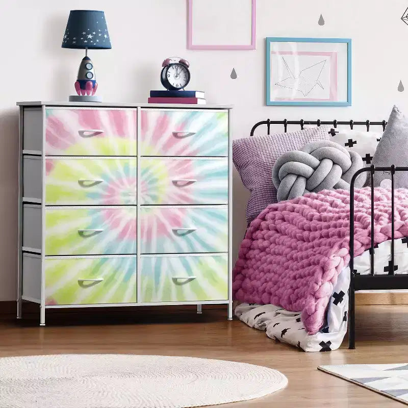 Commode Sorbus 8 tiroirs – Unité de rangement avec cadre en acier, plateau en bois, bacs en tissu – pour chambre à coucher, placard, bureau et plus encore