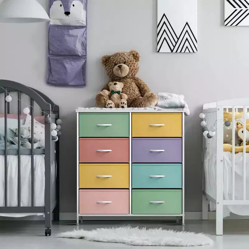 Commode Sorbus 8 tiroirs – Unité de rangement avec cadre en acier, plateau en bois, bacs en tissu – pour chambre à coucher, placard, bureau et plus encore