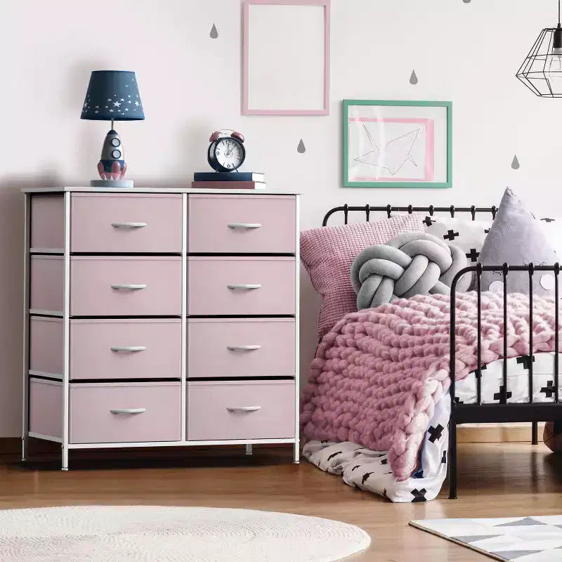 Commode Sorbus 8 tiroirs – Unité de rangement avec cadre en acier, plateau en bois, bacs en tissu – pour chambre à coucher, placard, bureau et plus encore