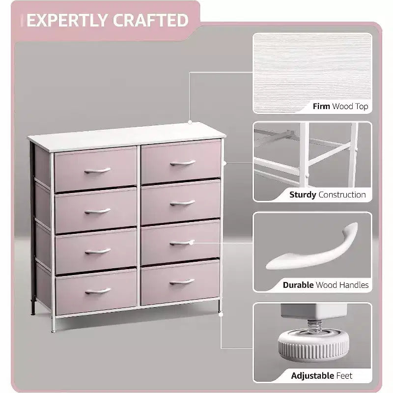 Commode Sorbus 8 tiroirs – Unité de rangement avec cadre en acier, plateau en bois, bacs en tissu – pour chambre à coucher, placard, bureau et plus encore