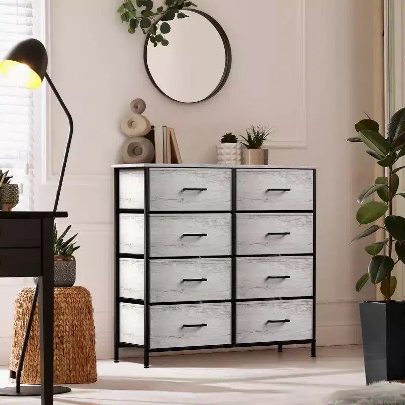 Commode Sorbus 8 tiroirs – Unité de rangement avec cadre en acier, plateau en bois, bacs en tissu – pour chambre à coucher, placard, bureau et plus encore