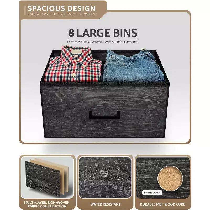Commode Sorbus 8 tiroirs – Unité de rangement avec cadre en acier, plateau en bois, bacs en tissu – pour chambre à coucher, placard, bureau et plus encore