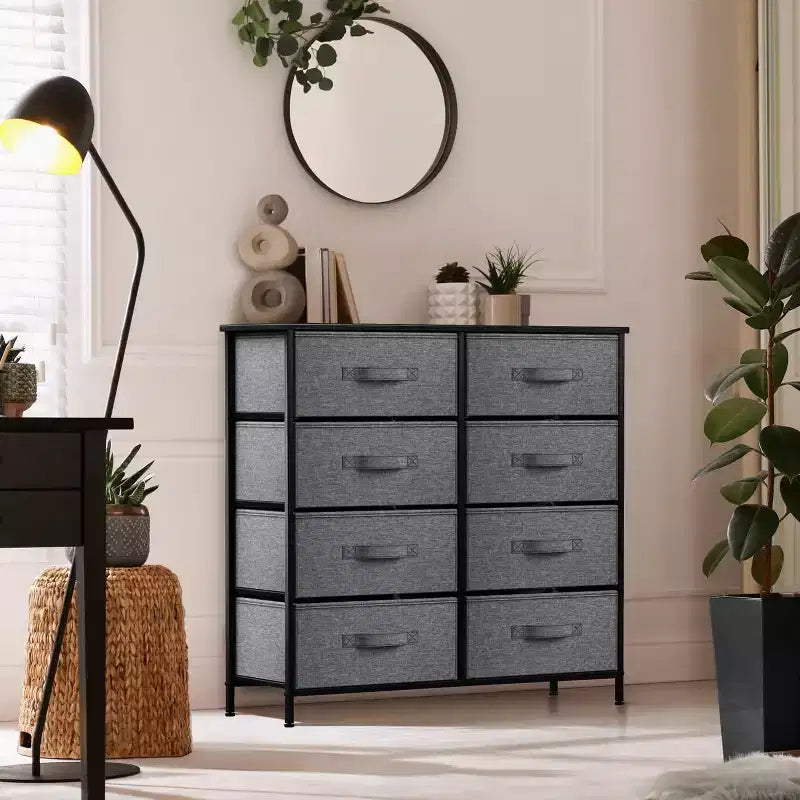 Commode Sorbus 8 tiroirs – Unité de rangement avec cadre en acier, plateau en bois, bacs en tissu – pour chambre à coucher, placard, bureau et plus encore