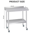 Table en acier inoxydable, table de préparation commerciale en métal robuste avec étagères de rangement ouvertes, panneau arrière et roulettes, adaptée aux cuisines, aux maisons et aux hôtels