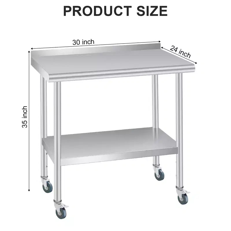 Table en acier inoxydable, table de préparation commerciale en métal robuste avec étagères de rangement ouvertes, panneau arrière et roulettes, adaptée aux cuisines, aux maisons et aux hôtels
