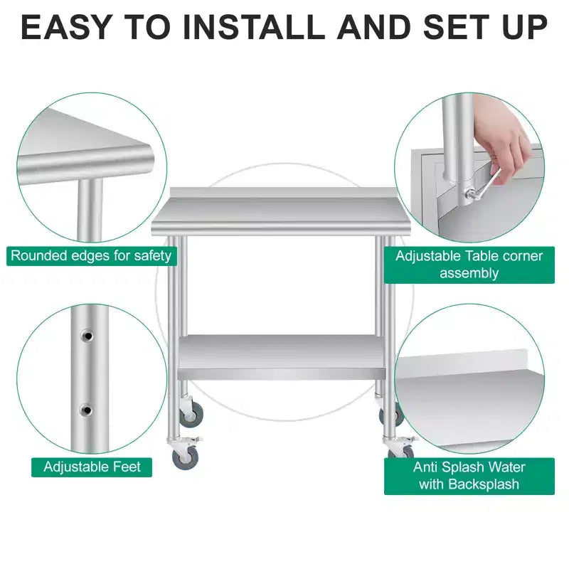 Table en acier inoxydable, table de préparation commerciale en métal robuste avec étagères de rangement ouvertes, panneau arrière et roulettes, adaptée aux cuisines, aux maisons et aux hôtels