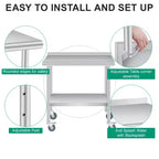 Table en acier inoxydable, table de préparation commerciale en métal robuste avec étagères de rangement ouvertes, panneau arrière et roulettes, adaptée aux cuisines, aux maisons et aux hôtels