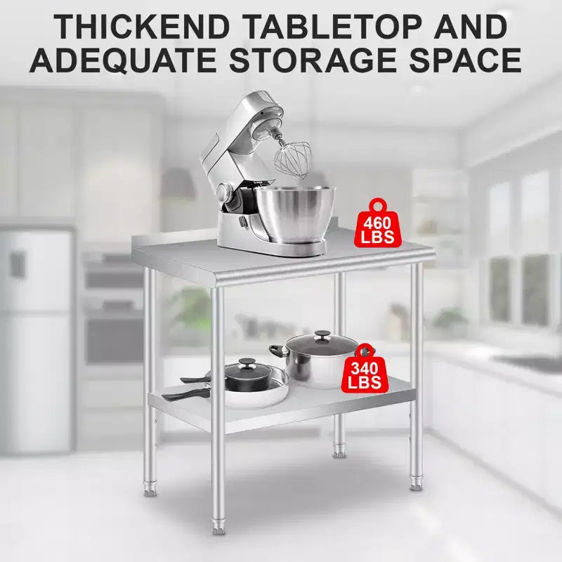 Table en acier inoxydable, table de préparation commerciale en métal robuste avec étagères de rangement ouvertes, panneau arrière et roulettes, adaptée aux cuisines, aux maisons et aux hôtels
