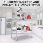 Table en acier inoxydable, table de préparation commerciale en métal robuste avec étagères de rangement ouvertes, panneau arrière et roulettes, adaptée aux cuisines, aux maisons et aux hôtels