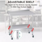 Table en acier inoxydable, table de préparation commerciale en métal robuste avec étagères de rangement ouvertes, panneau arrière et roulettes, adaptée aux cuisines, aux maisons et aux hôtels