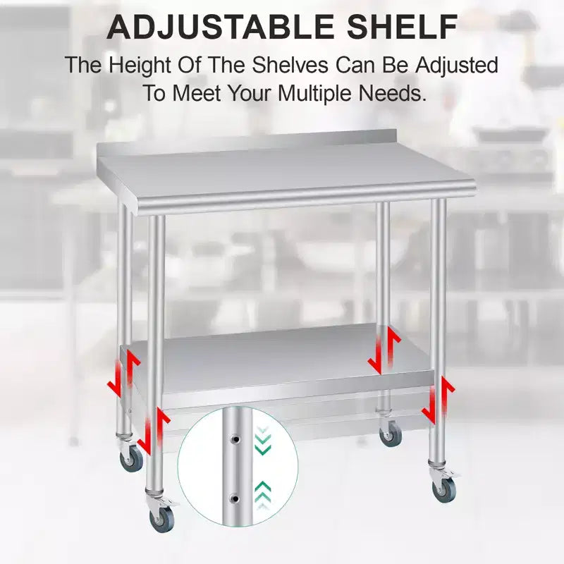 Table en acier inoxydable, table de préparation commerciale en métal robuste avec étagères de rangement ouvertes, panneau arrière et roulettes, adaptée aux cuisines, aux maisons et aux hôtels