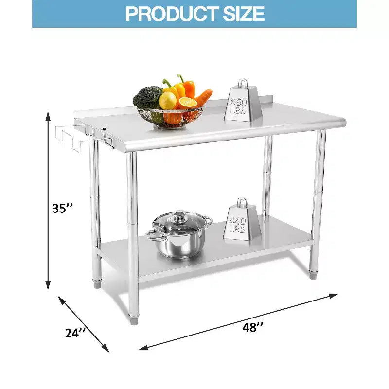 Table en acier inoxydable 48x24, table de préparation commerciale en métal robuste avec étagères de rangement et panneau arrière pour cuisines de restaurant, maisons, hôtels, préparation d'aliments