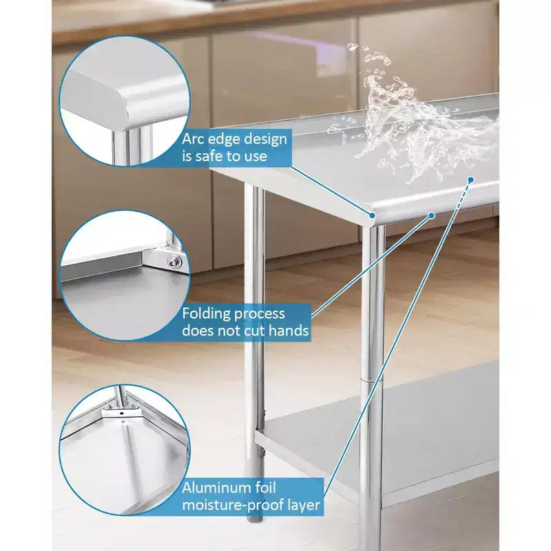 Table en acier inoxydable 48x24, table de préparation commerciale en métal robuste avec étagères de rangement et panneau arrière pour cuisines de restaurant, maisons, hôtels, préparation d'aliments