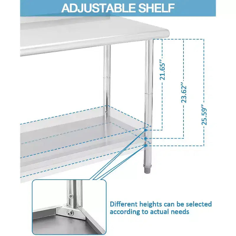Table en acier inoxydable 48x24, table de préparation commerciale en métal robuste avec étagères de rangement et panneau arrière pour cuisines de restaurant, maisons, hôtels, préparation d'aliments